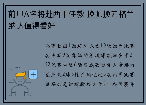 前甲A名将赴西甲任教 换帅换刀格兰纳达值得看好