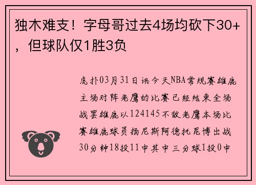 独木难支！字母哥过去4场均砍下30+，但球队仅1胜3负