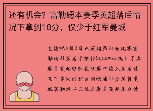 还有机会？富勒姆本赛季英超落后情况下拿到18分，仅少于红军曼城
